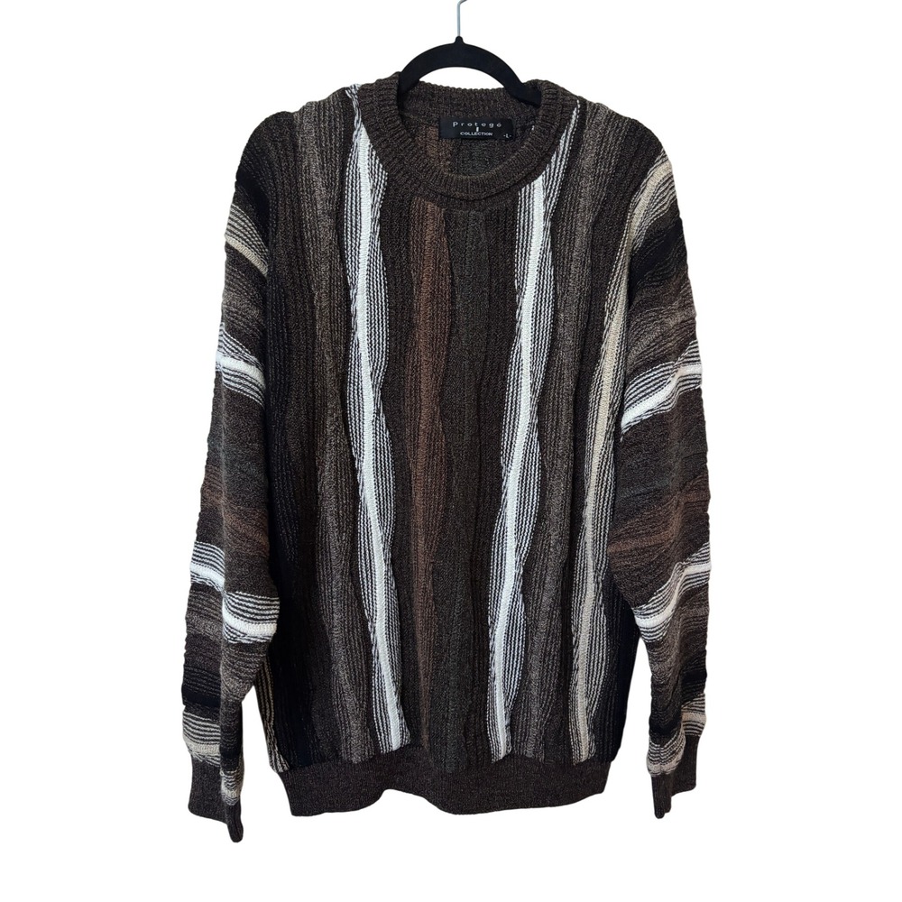 Vintage Protege Mens Brown Textured 3D Wavy Crew Neck Knit Sweater L USA